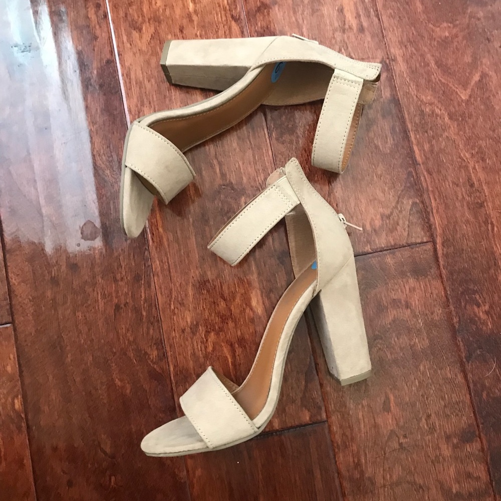Cream, suede, chunky, strappy heels